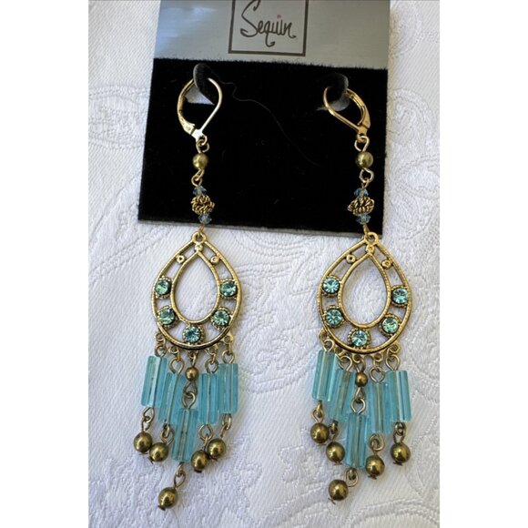 Nordstrom Sequin Pale Gold & Blue Beads Tassel Dangle Drop Earrings Teardrop NEW - Picture 5 of 10
